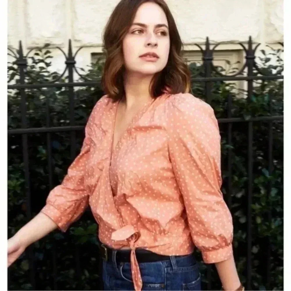 Madewell Wrap Top Women’s Pink Star Scatter Puff Sleeve V Neck Cropped Size XXS